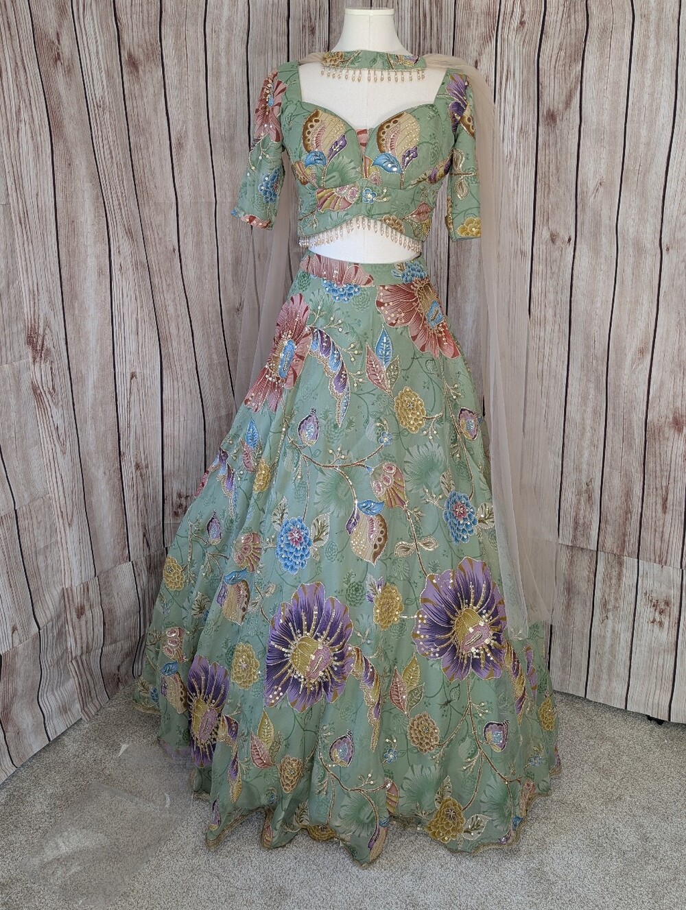 Sage Green Mint Multi Color Floral Lehenga Set | Wedding